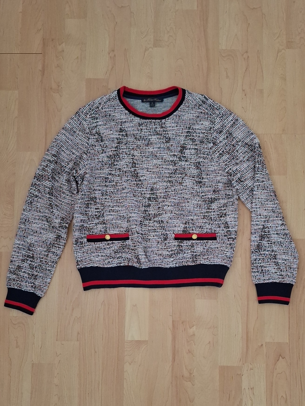 Brooks Brothers Navy, Red & White Tweed Crewneck Sweater Pocket Detail Size M